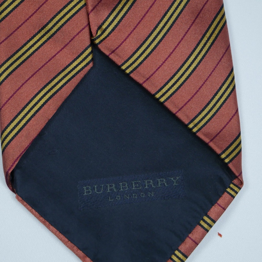 Burberry London Mens Silk Tie Rust Orange Gold Navy Blue Striped Made in Italy - Picture 3 of 6
